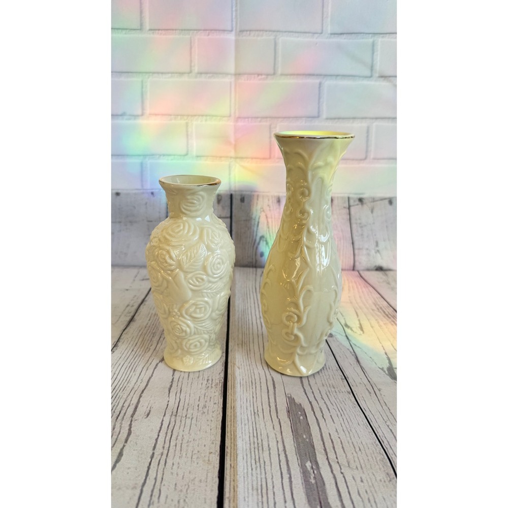 Vintage Cream Ceramic Bud Vase Set Gold Rim Embossed Rose Scroll 2 Piece Decor